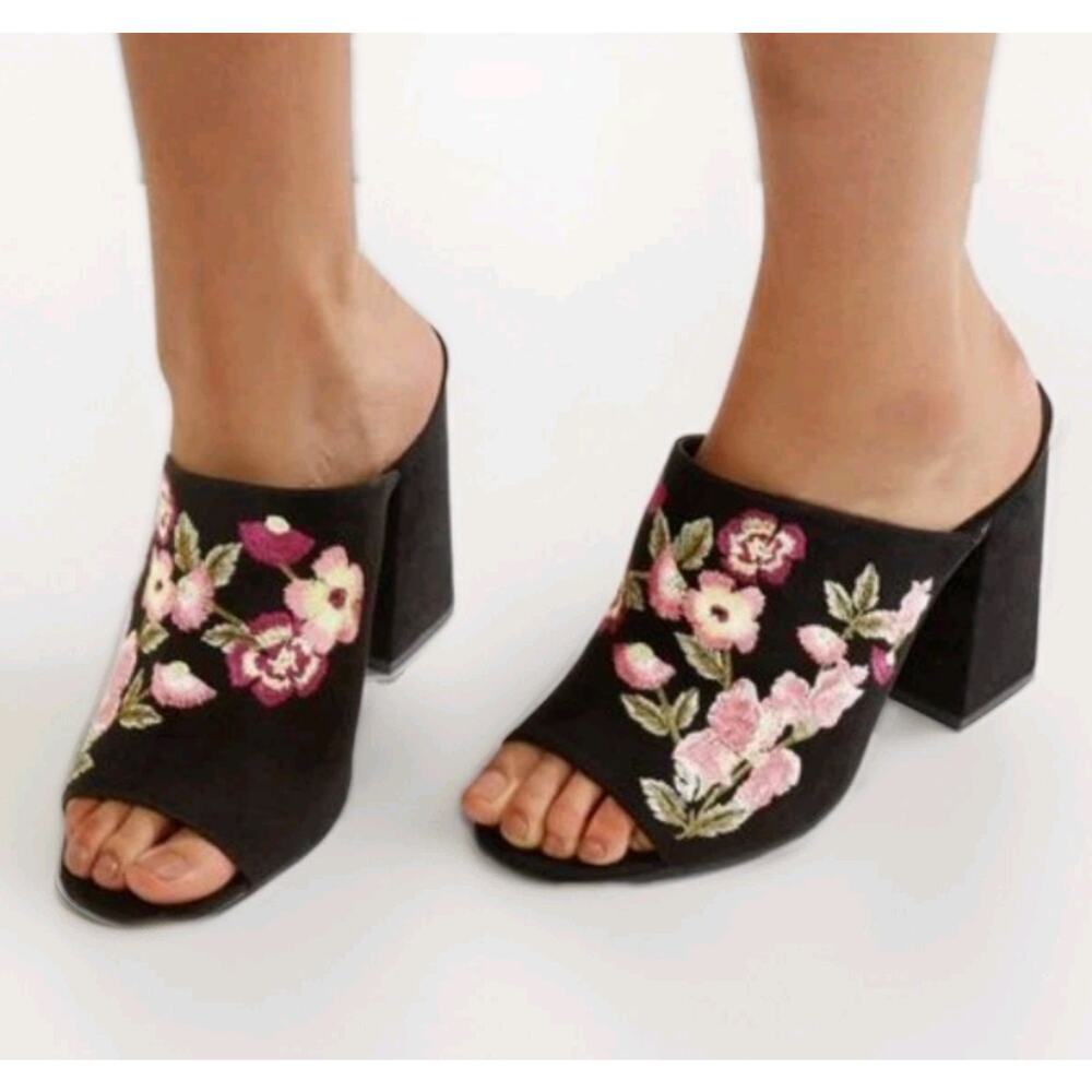 New Look Black Suedette Floral Embroidered Mule Sandals Open Toe Block Heel Sz 7